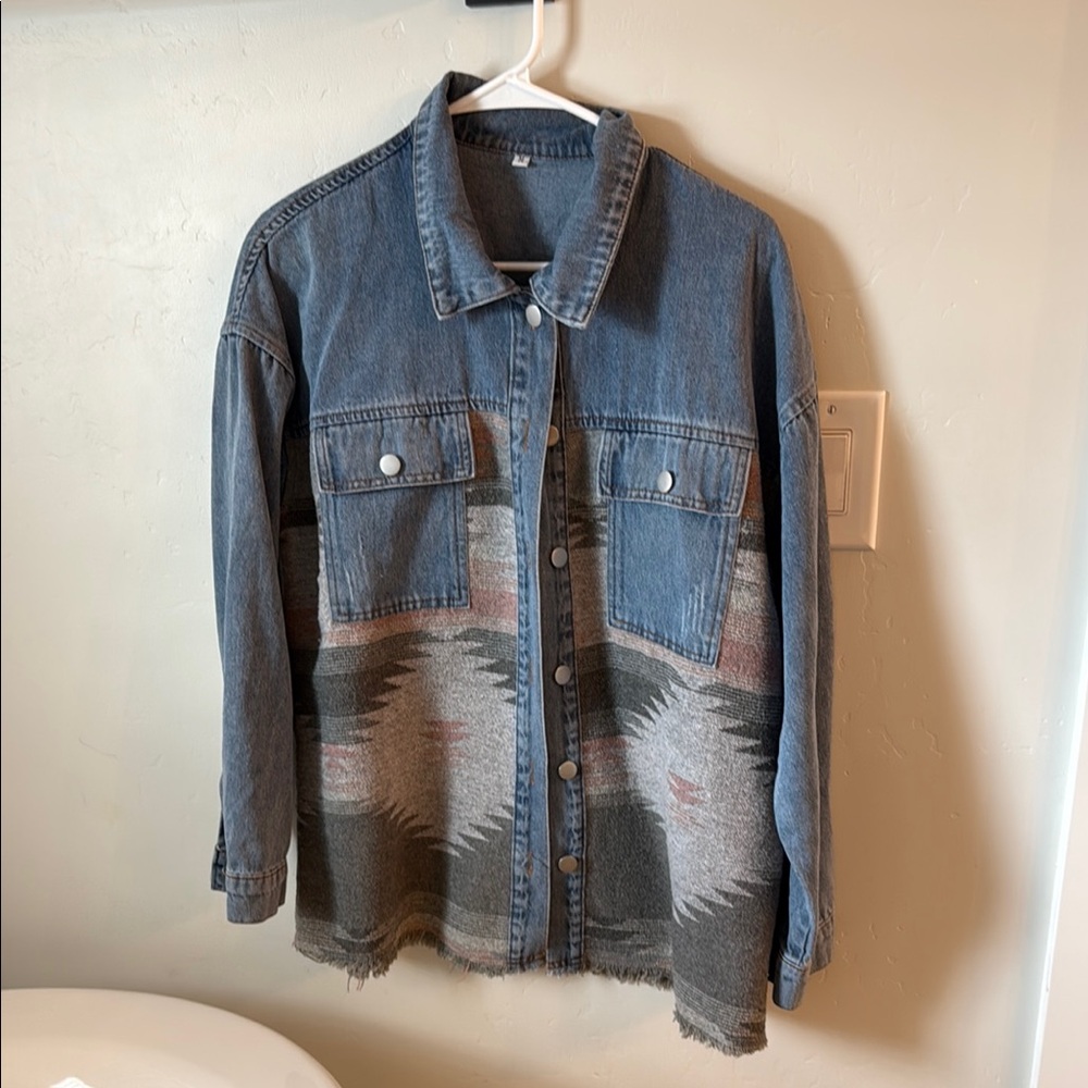 Denim And Patterned Button-Up Jacket - image 1
